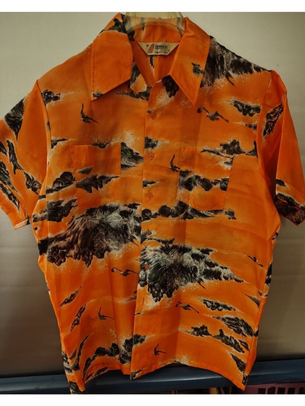 Vintage Romani Collection Hawaiian Shirt Orange Black Seagull Print L 16-16.5 Pe